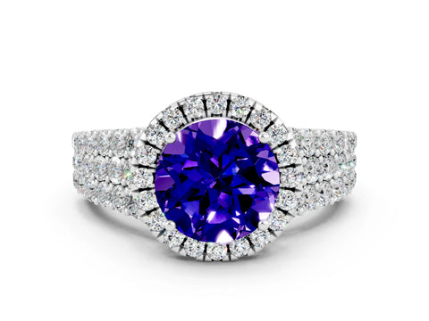 White gold Round Cut Halo Pavé Diamond Engagement Ring with Split Shank and Four-Prong Setting