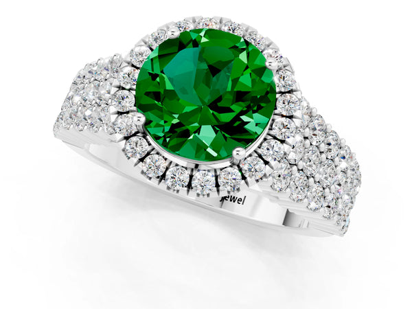 Platinum Round Cut Emerald Halo Engagement Ring with Triple Row Round Pavé Band and Prong Setting
