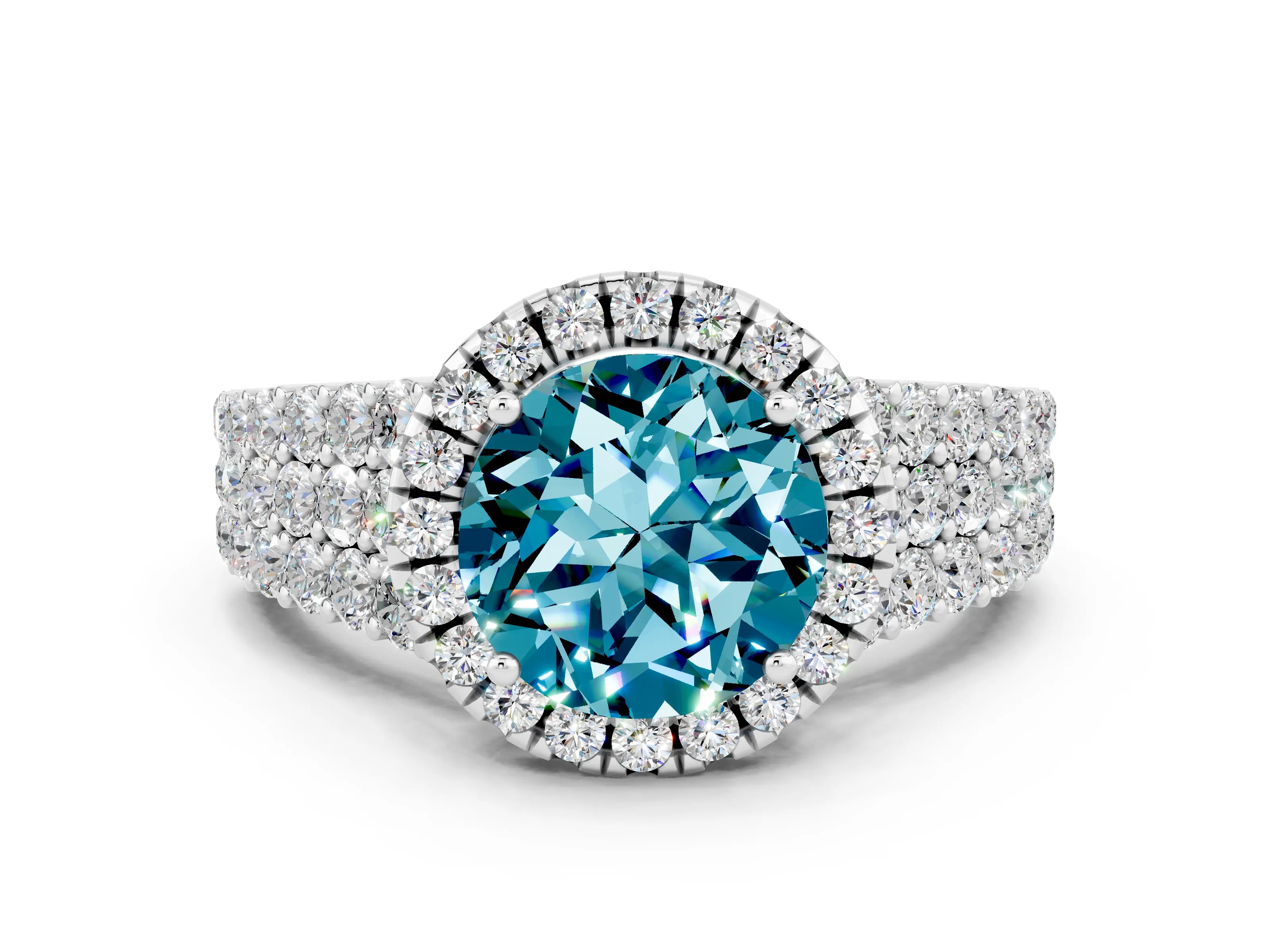 White gold Round Cut Halo Pavé Diamond Engagement Ring with Split Shank and Four-Prong Setting