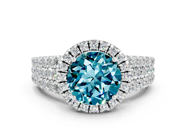 Platinum Round Cut Halo Pavé Diamond Engagement Ring with Split Shank and Four-Prong Setting