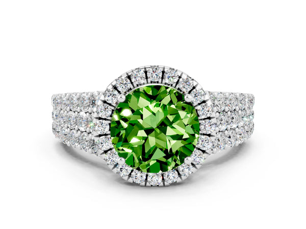 Silver Round Cut Halo Pavé Diamond Engagement Ring with Split Shank and Four-Prong Setting