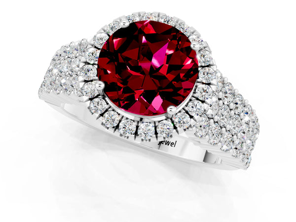 Platinum Round Cut Garnet Halo Engagement Ring with Triple Row Round Pavé Band and Prong Setting