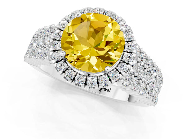 White gold Round Cut Yellow Sapphire Halo Engagement Ring with Triple Row Round Pavé Band and Prong Setting