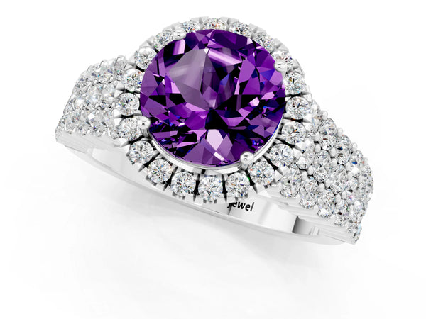 Platinum Round Cut Amethyst Halo Engagement Ring with Triple Row Round Pavé Band and Prong Setting