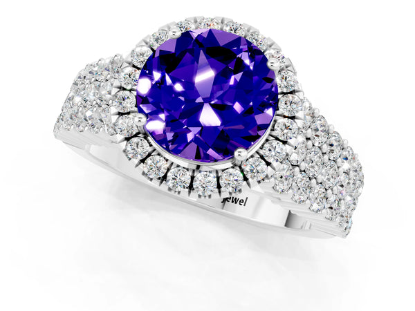 White gold Round Cut Tanzanite Halo Engagement Ring with Triple Row Round Pavé Band and Prong Setting
