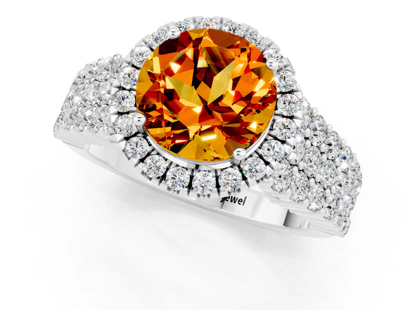 Platinum Round Cut Citrine Halo Engagement Ring with Triple Row Round Pavé Band and Prong Setting