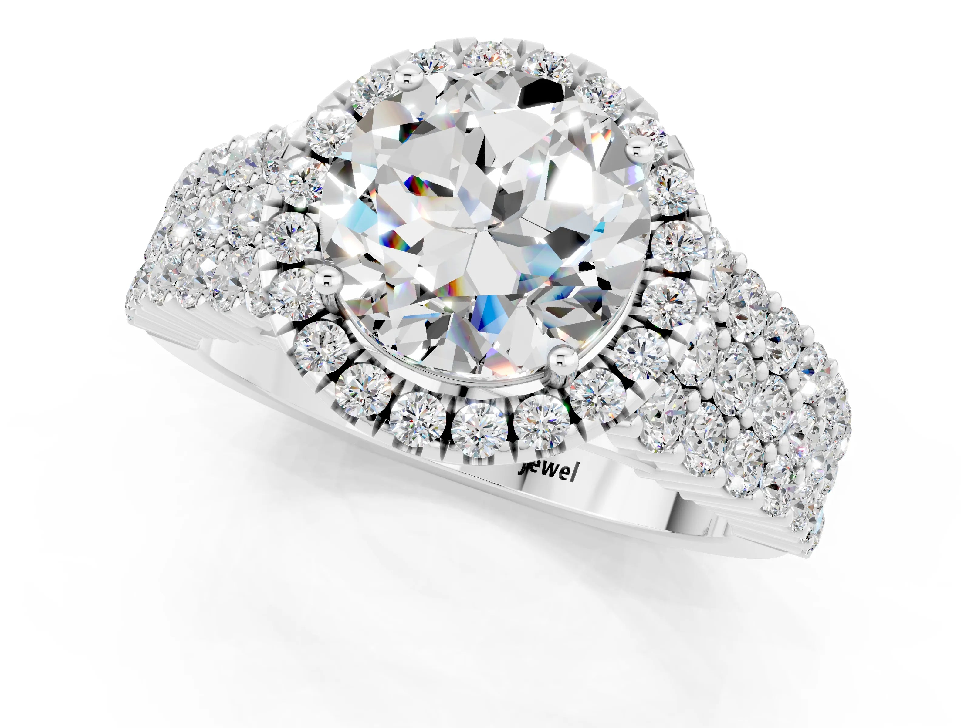 White gold Round Cut Halo Pavé Diamond Engagement Ring with Split Shank and Four-Prong Setting_1