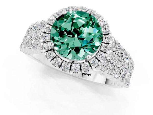 Silver Round Cut Green Sapphire Halo Engagement Ring with Triple Row Round Pavé Band and Prong Setting