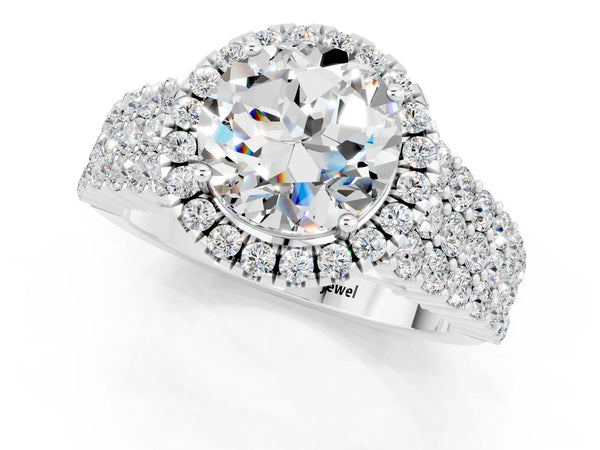 Silver Round Cut Moissanite Halo Engagement Ring with Triple Row Round Pavé Band and Prong Setting