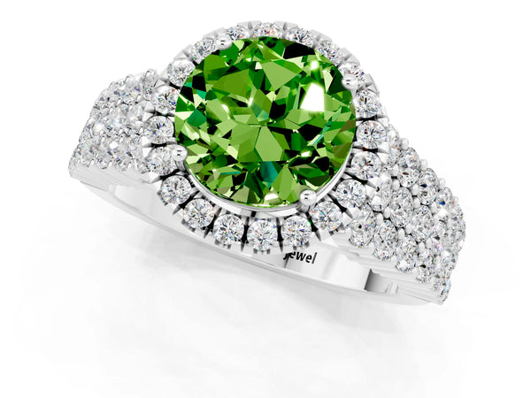 Silver Round Cut Halo Pavé Diamond Engagement Ring with Split Shank and Four-Prong Setting