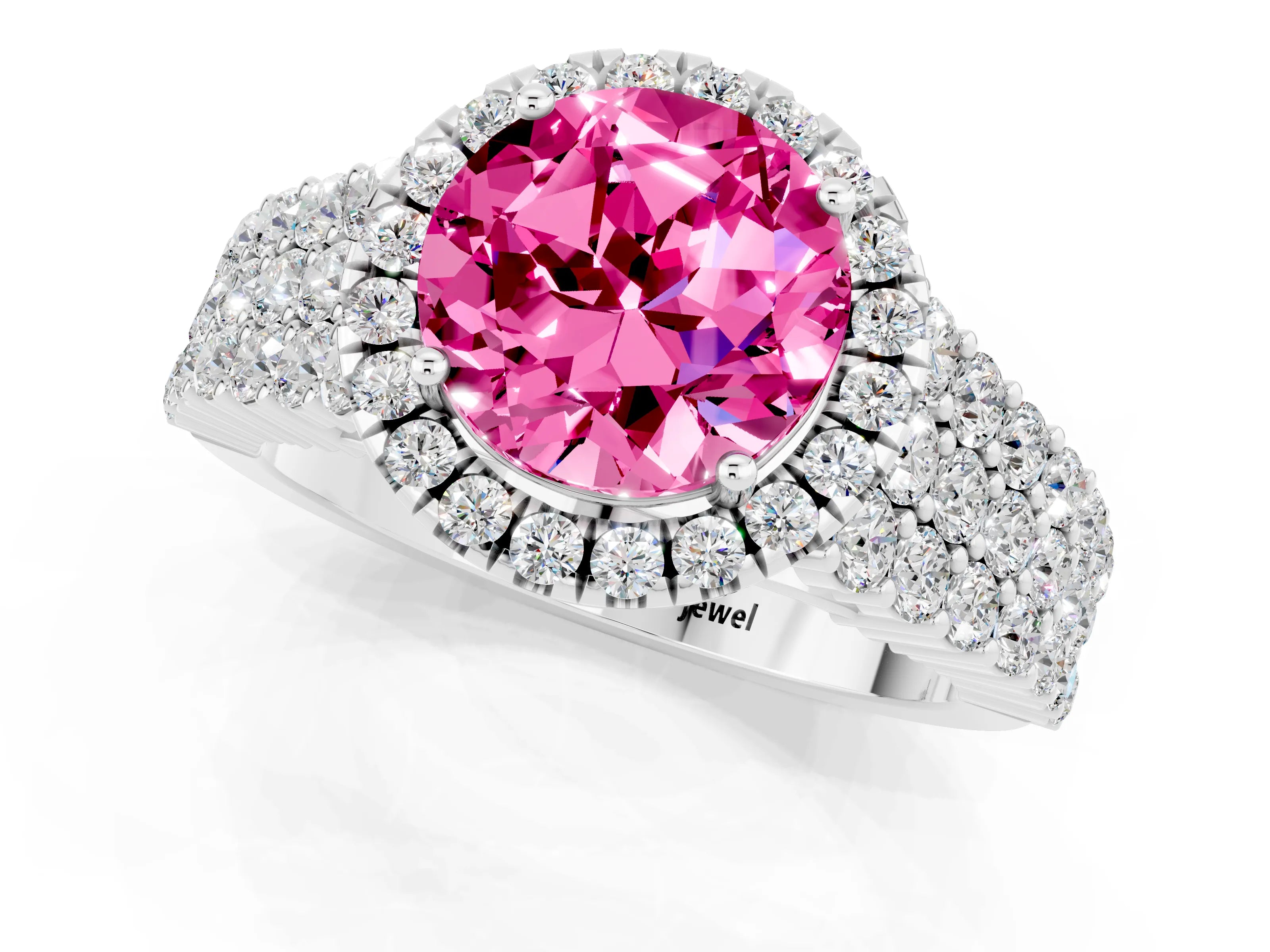 White gold Round Cut Halo Pavé Diamond Engagement Ring with Split Shank and Four-Prong Setting_1