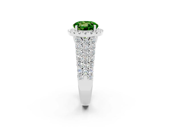 Silver Round Cut Halo Pavé Diamond Engagement Ring with Split Shank and Four-Prong Setting