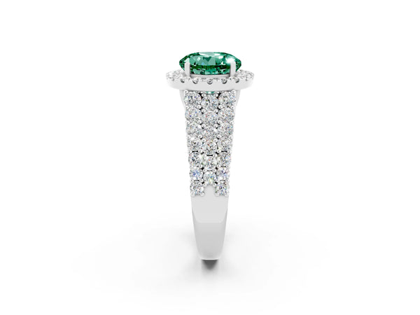 Silver Round Cut Green Sapphire Halo Engagement Ring with Triple Row Round Pavé Band and Prong Setting