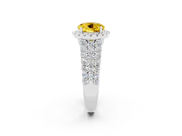 Platinum Round Cut Yellow Sapphire Halo Engagement Ring with Triple Row Round Pavé Band and Prong Setting