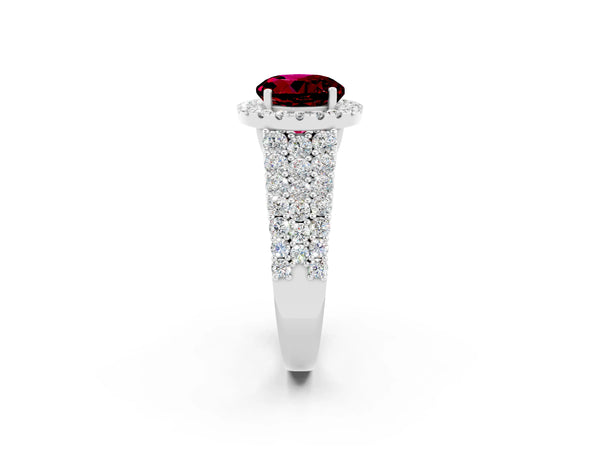 Platinum Round Cut Garnet Halo Engagement Ring with Triple Row Round Pavé Band and Prong Setting