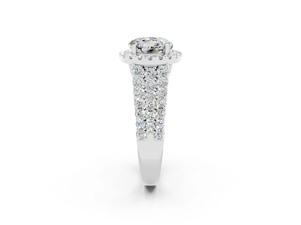 White gold Round Cut Moissanite Halo Engagement Ring with Triple Row Round Pavé Band and Prong Setting
