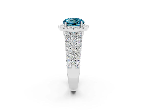 Platinum Round Cut Halo Pavé Diamond Engagement Ring with Split Shank and Four-Prong Setting
