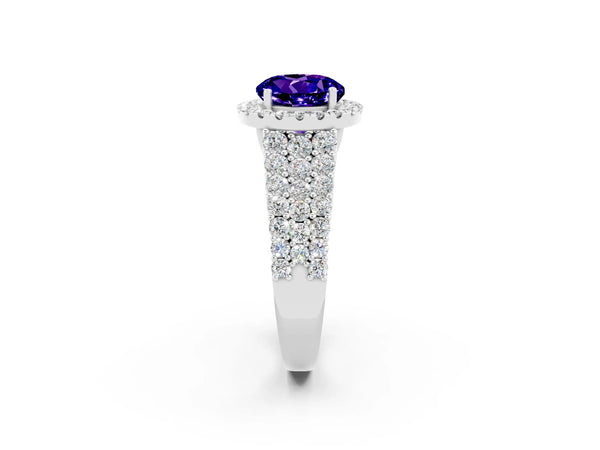 White gold Round Cut Tanzanite Halo Engagement Ring with Triple Row Round Pavé Band and Prong Setting
