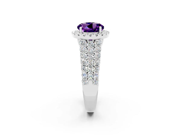 Platinum Round Cut Amethyst Halo Engagement Ring with Triple Row Round Pavé Band and Prong Setting