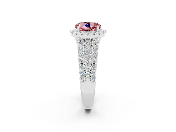 Silver Round Cut Halo Pavé Diamond Engagement Ring with Split Shank and Four-Prong Setting