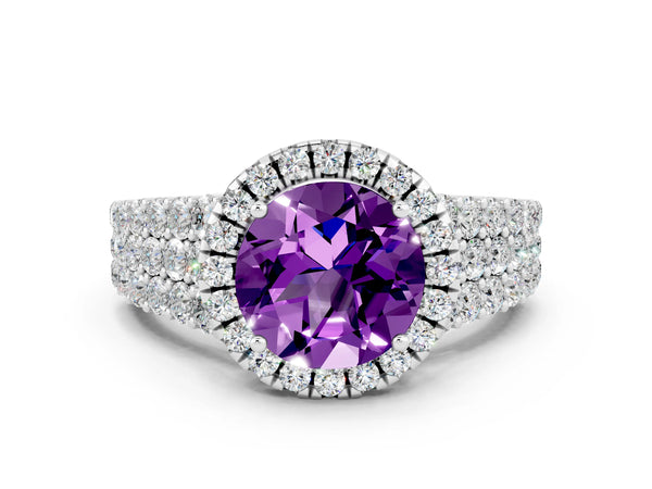 Platinum Round Cut Amethyst Halo Engagement Ring with Triple Row Round Pavé Band and Prong Setting