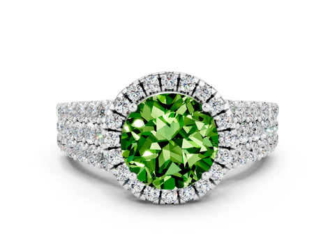 White gold Round Cut Halo Pavé Diamond Engagement Ring with Split Shank and Four-Prong Setting