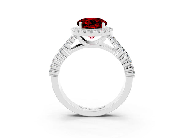 White gold Round Cut Halo Pavé Diamond Engagement Ring with Split Shank and Four-Prong Setting