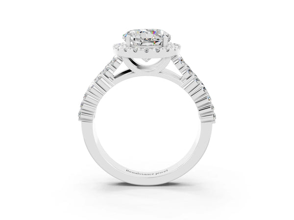 Silver Round Cut Moissanite Halo Engagement Ring with Triple Row Round Pavé Band and Prong Setting