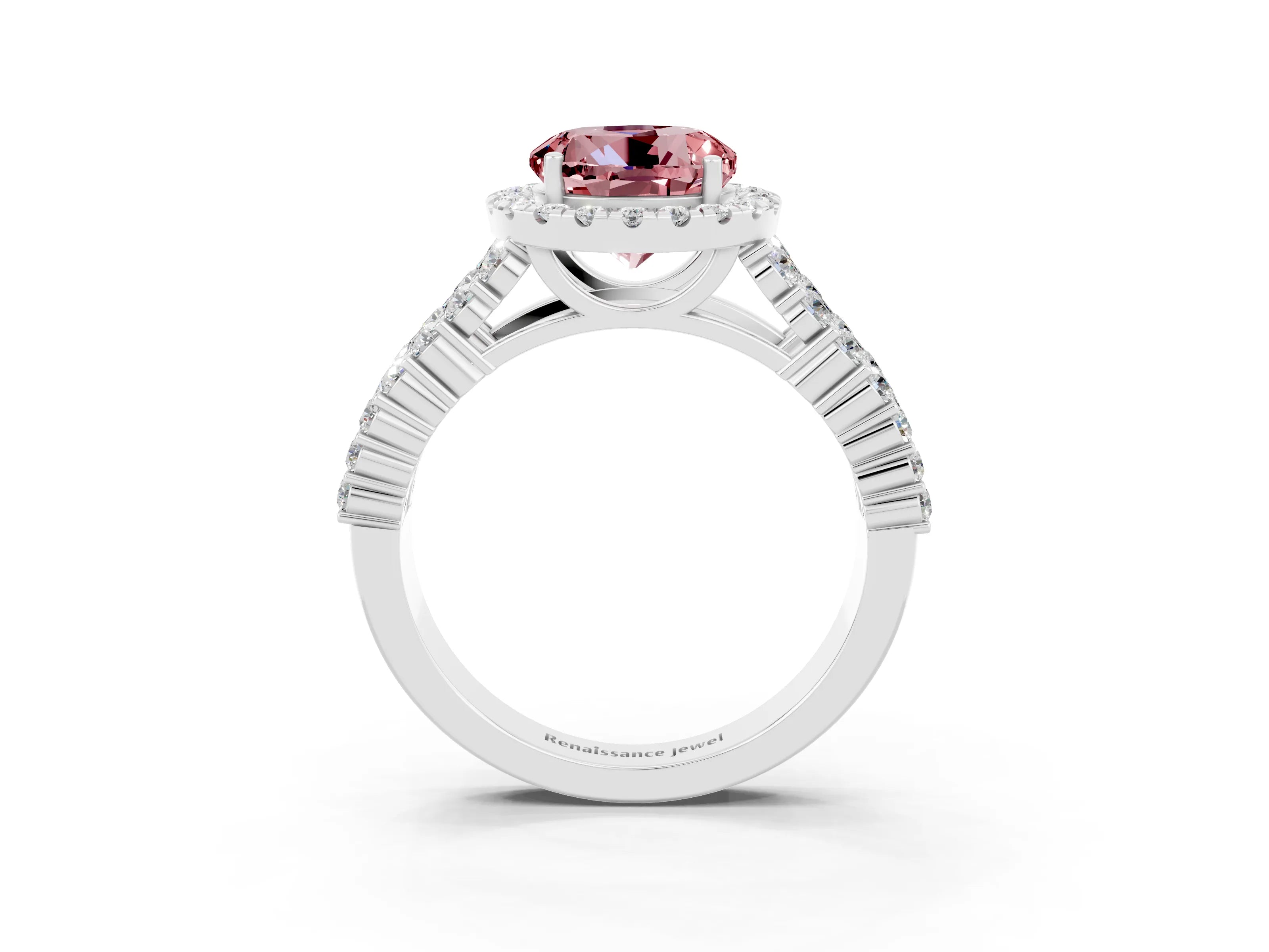 White gold Round Cut Halo Pavé Diamond Engagement Ring with Split Shank and Four-Prong Setting_3