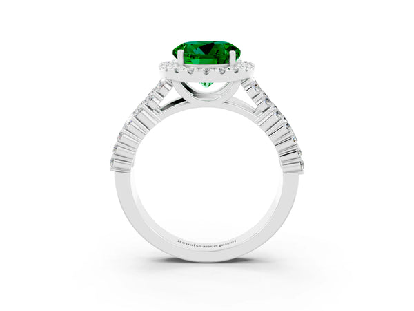 White gold Round Cut Emerald Halo Engagement Ring with Triple Row Round Pavé Band and Prong Setting