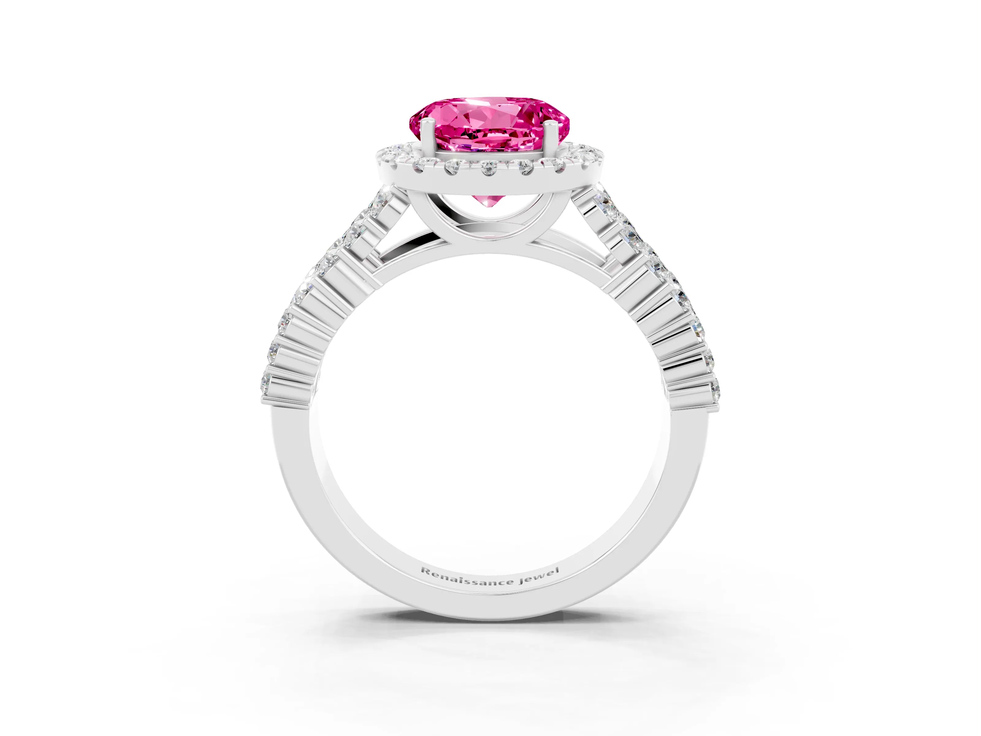 White gold Round Cut Halo Pavé Diamond Engagement Ring with Split Shank and Four-Prong Setting_3