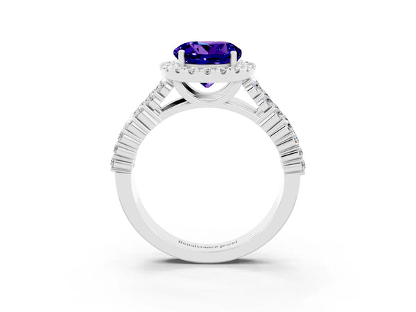 Silver Round Cut Tanzanite Halo Engagement Ring with Triple Row Round Pavé Band and Prong Setting