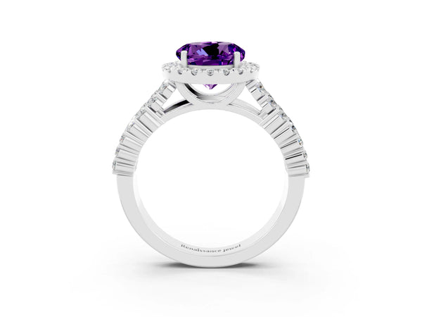 Platinum Round Cut Amethyst Halo Engagement Ring with Triple Row Round Pavé Band and Prong Setting