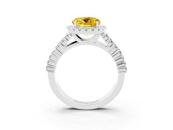 Platinum Round Cut Yellow Sapphire Halo Engagement Ring with Triple Row Round Pavé Band and Prong Setting