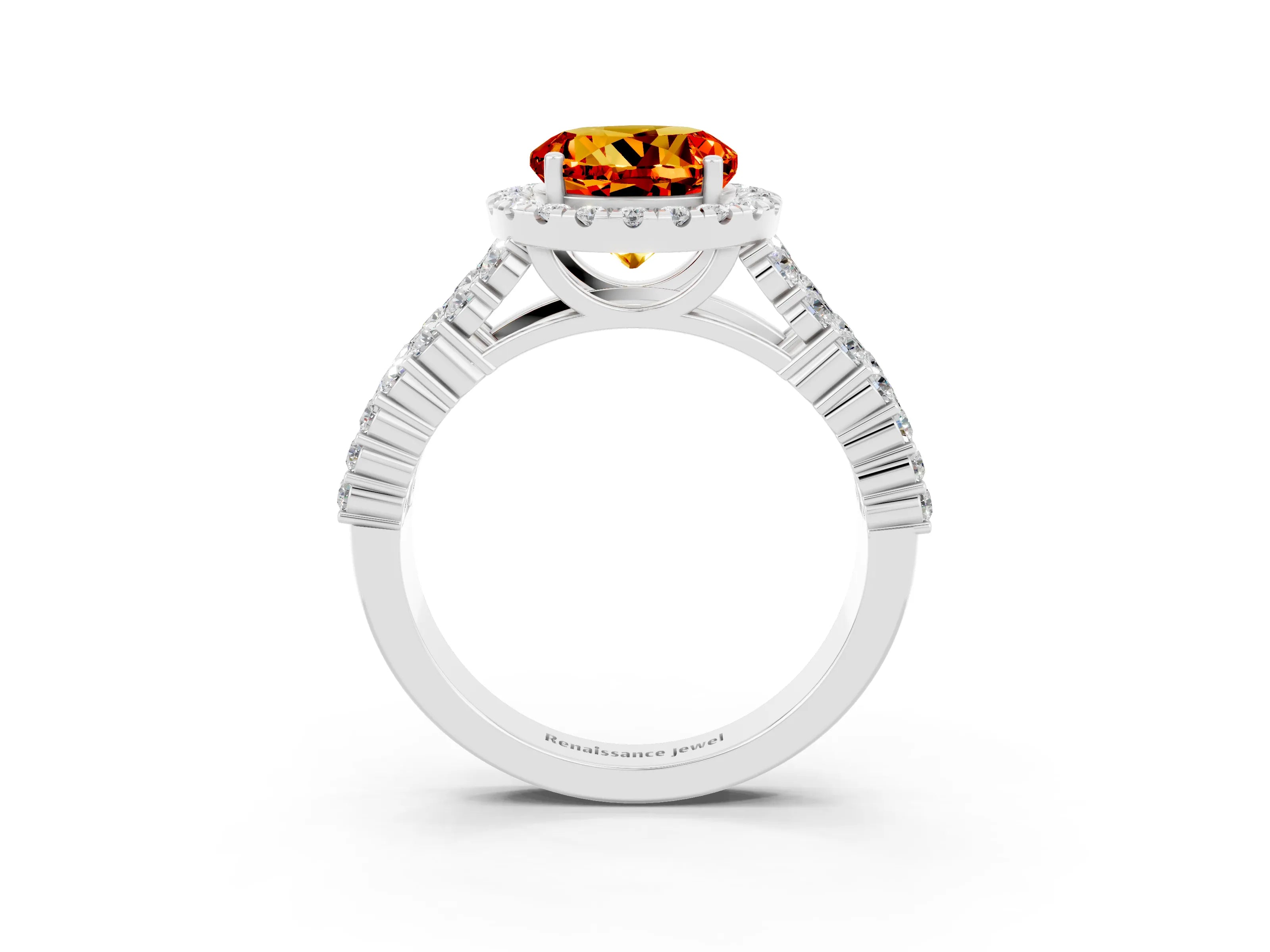 White gold Round Cut Halo Pavé Diamond Engagement Ring with Split Shank and Four-Prong Setting_3