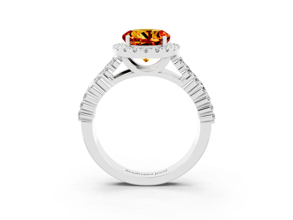 Platinum Round Cut Citrine Halo Engagement Ring with Triple Row Round Pavé Band and Prong Setting