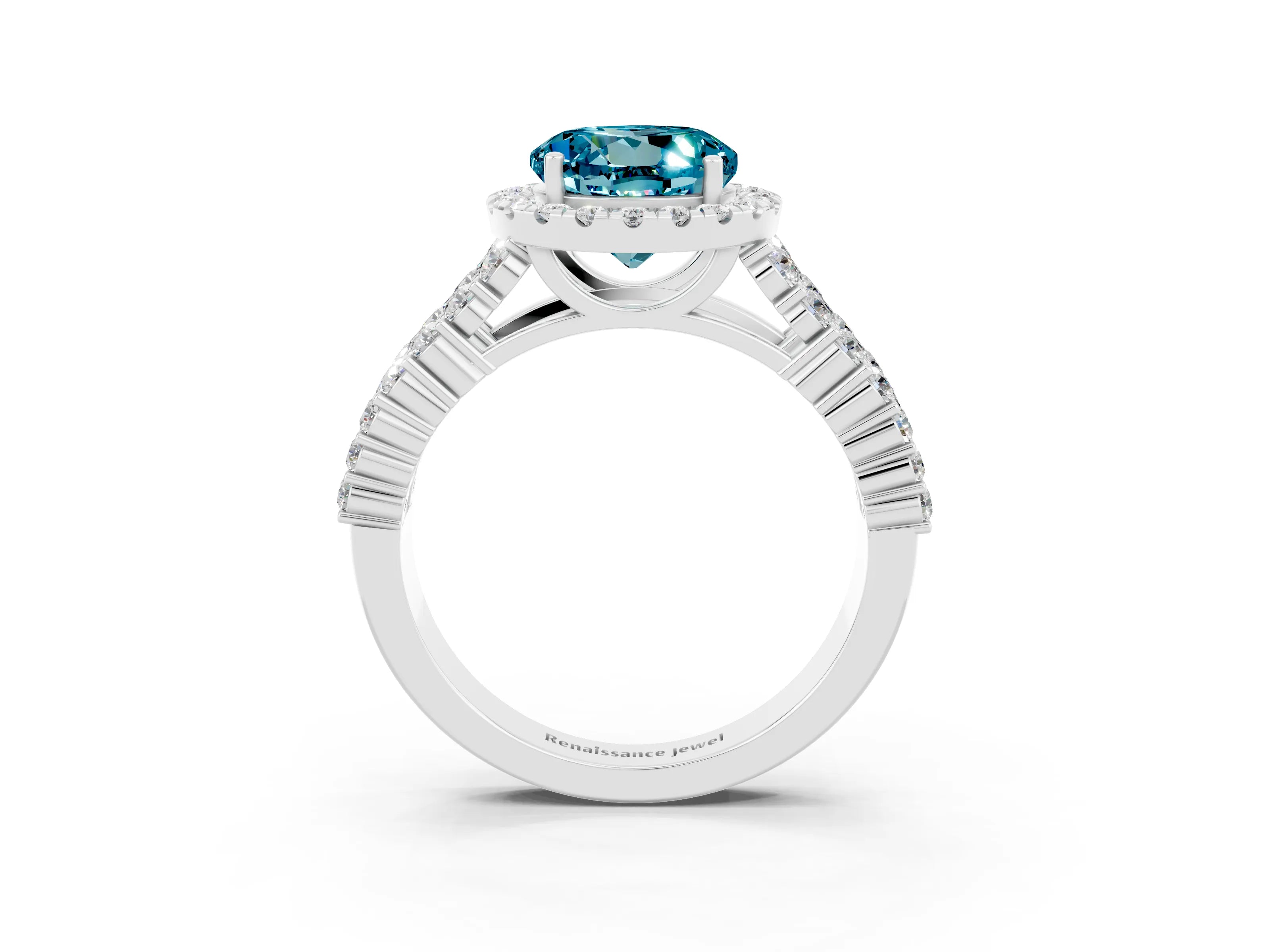 White gold Round Cut Halo Pavé Diamond Engagement Ring with Split Shank and Four-Prong Setting_3