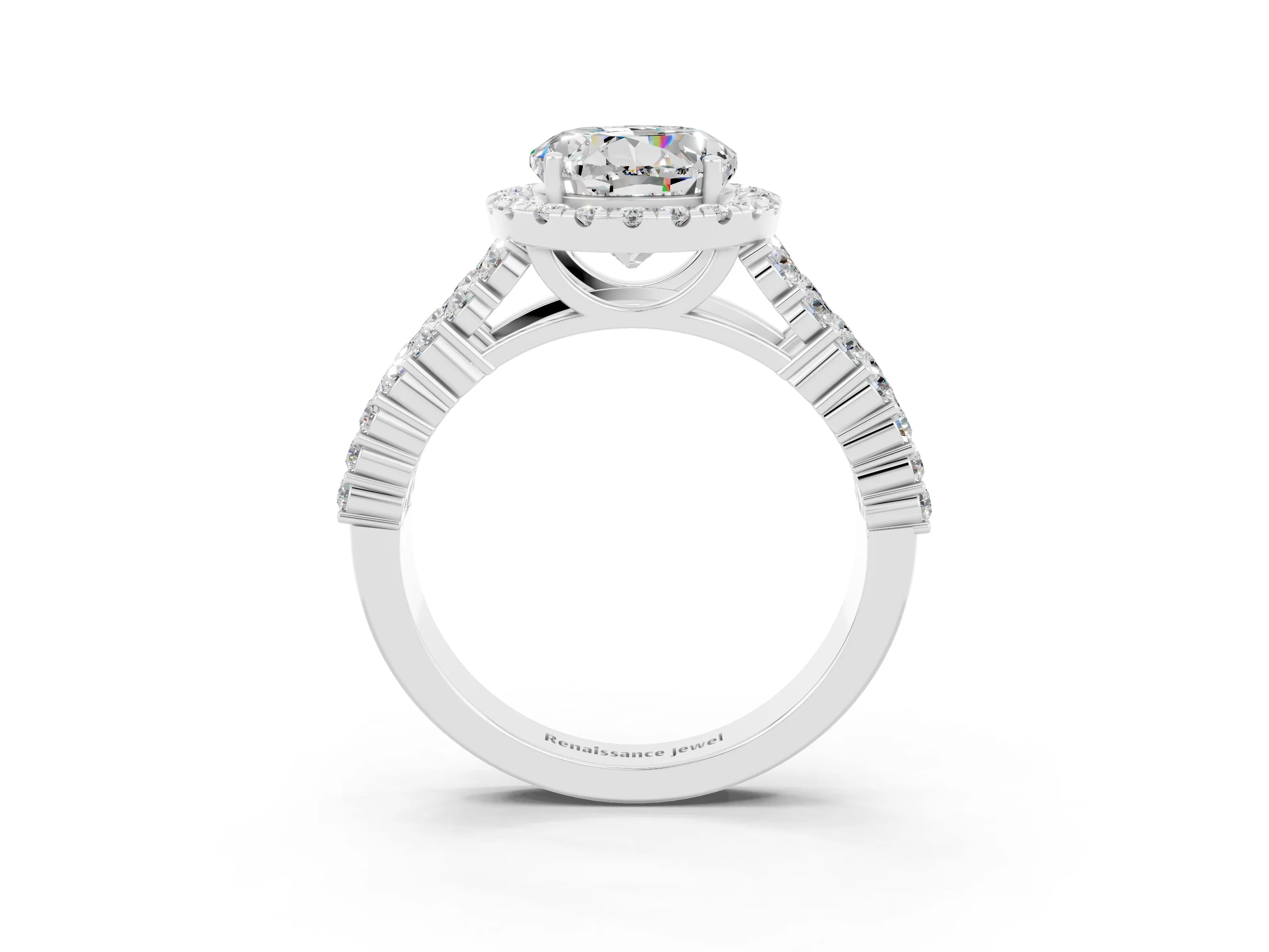 White gold Round Cut Halo Pavé Diamond Engagement Ring with Split Shank and Four-Prong Setting_3
