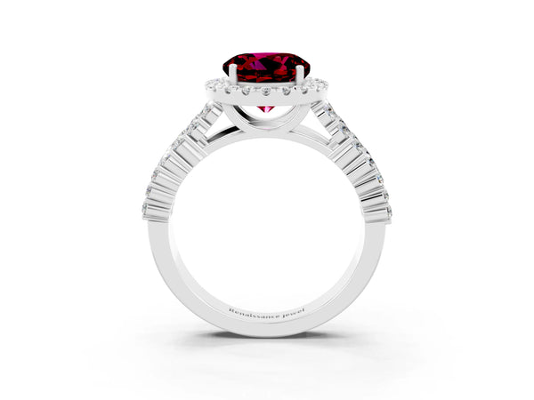 White gold Round Cut Garnet Halo Engagement Ring with Triple Row Round Pavé Band and Prong Setting