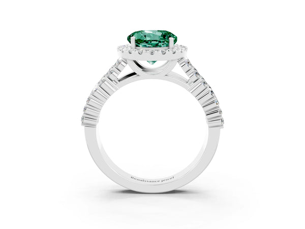 Silver Round Cut Green Sapphire Halo Engagement Ring with Triple Row Round Pavé Band and Prong Setting