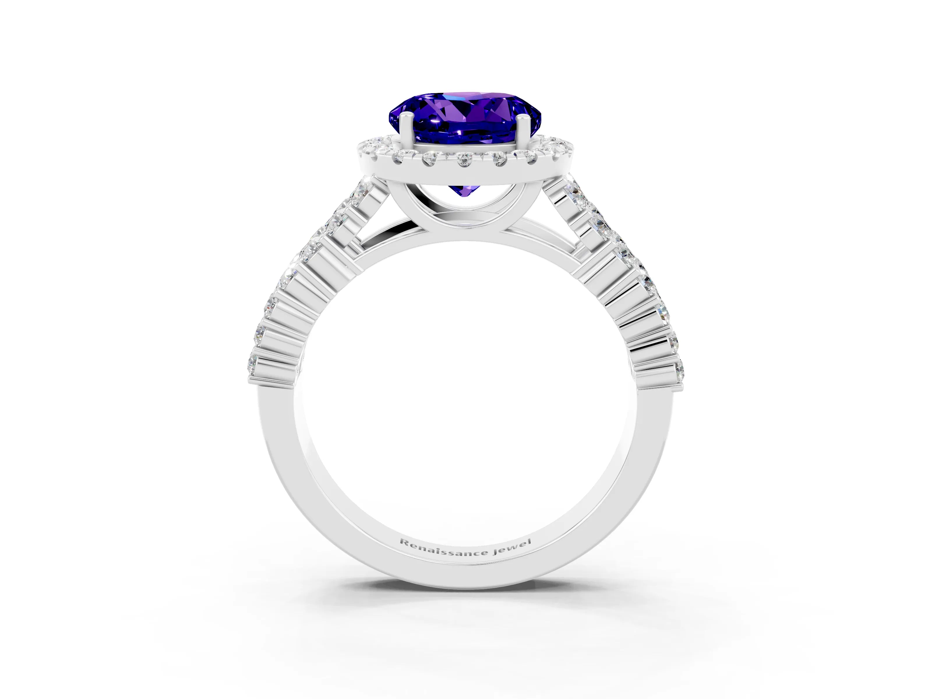 White gold Round Cut Halo Pavé Diamond Engagement Ring with Split Shank and Four-Prong Setting_3