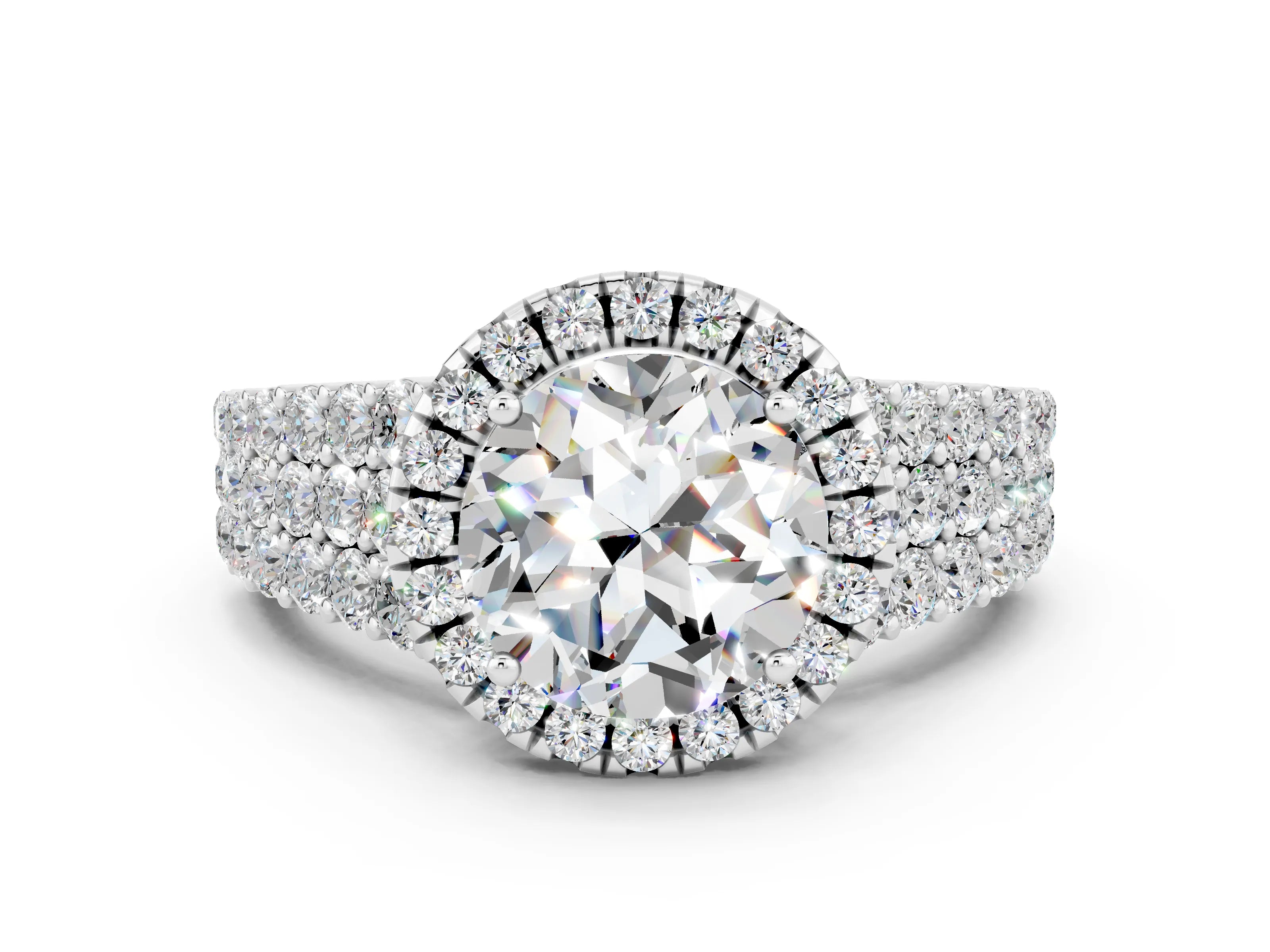 White gold Round Cut Halo Pavé Diamond Engagement Ring with Split Shank and Four-Prong Setting