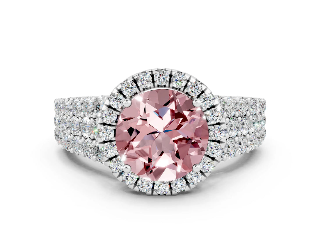 White gold Round Cut Halo Pavé Diamond Engagement Ring with Split Shank and Four-Prong Setting