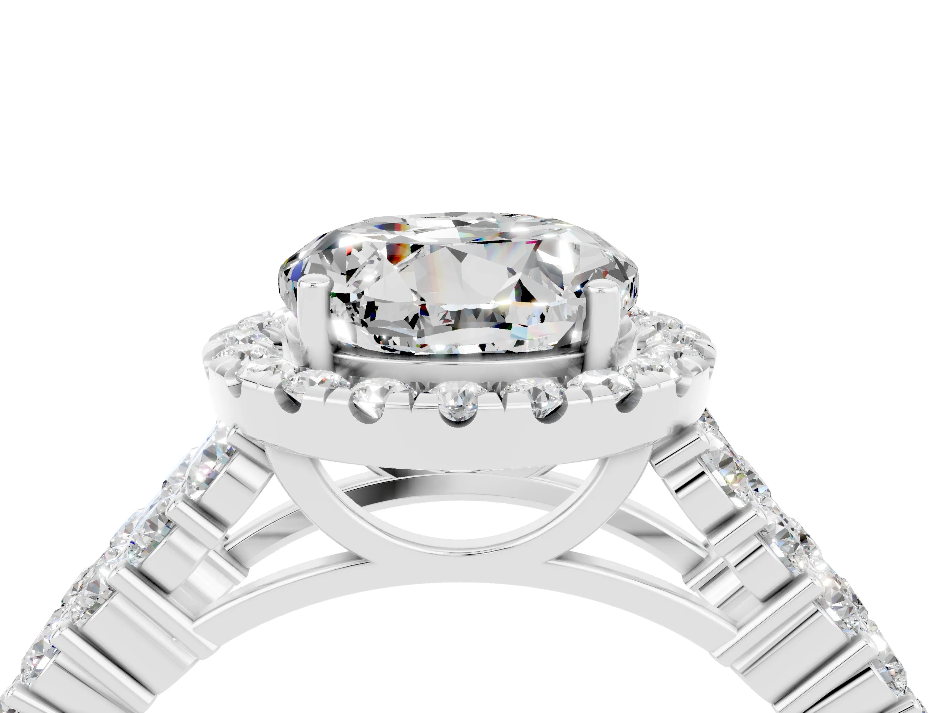 White gold Round Cut Halo Pavé Diamond Engagement Ring with Split Shank and Four-Prong Setting_4