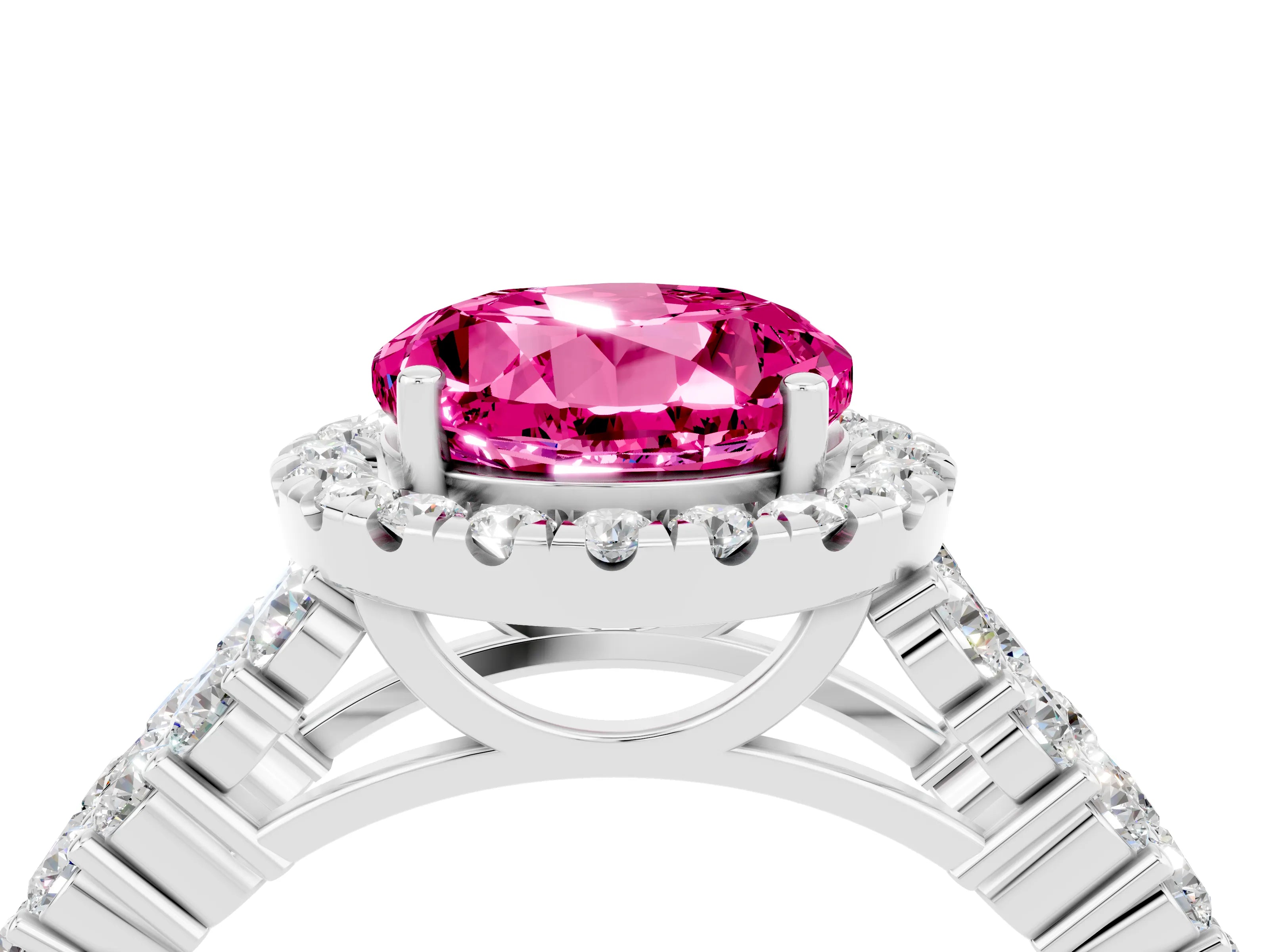White gold Round Cut Halo Pavé Diamond Engagement Ring with Split Shank and Four-Prong Setting_4