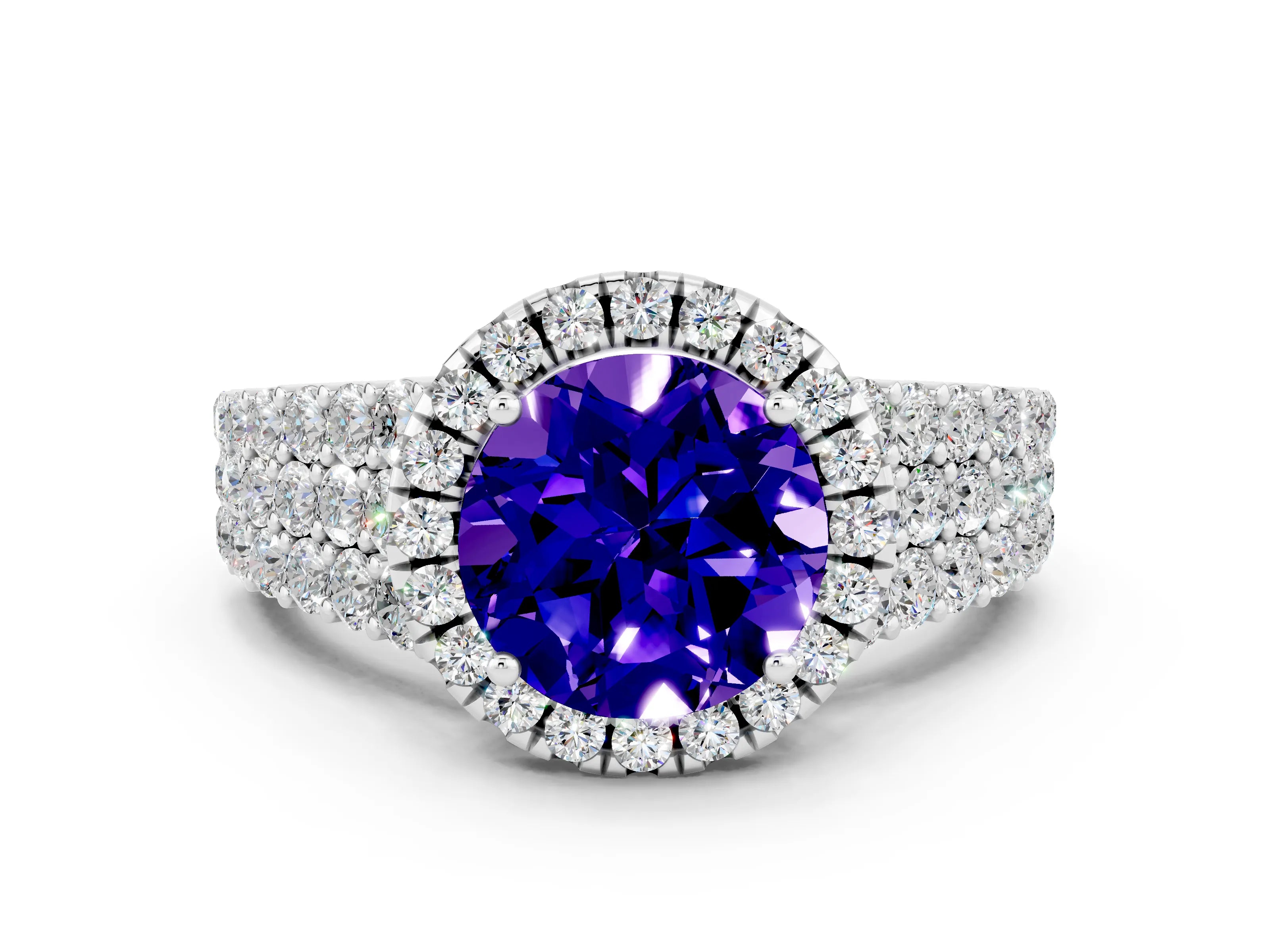 White gold Round Cut Halo Pavé Diamond Engagement Ring with Split Shank and Four-Prong Setting