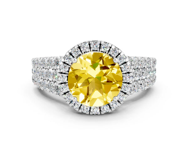 Platinum Round Cut Yellow Sapphire Halo Engagement Ring with Triple Row Round Pavé Band and Prong Setting