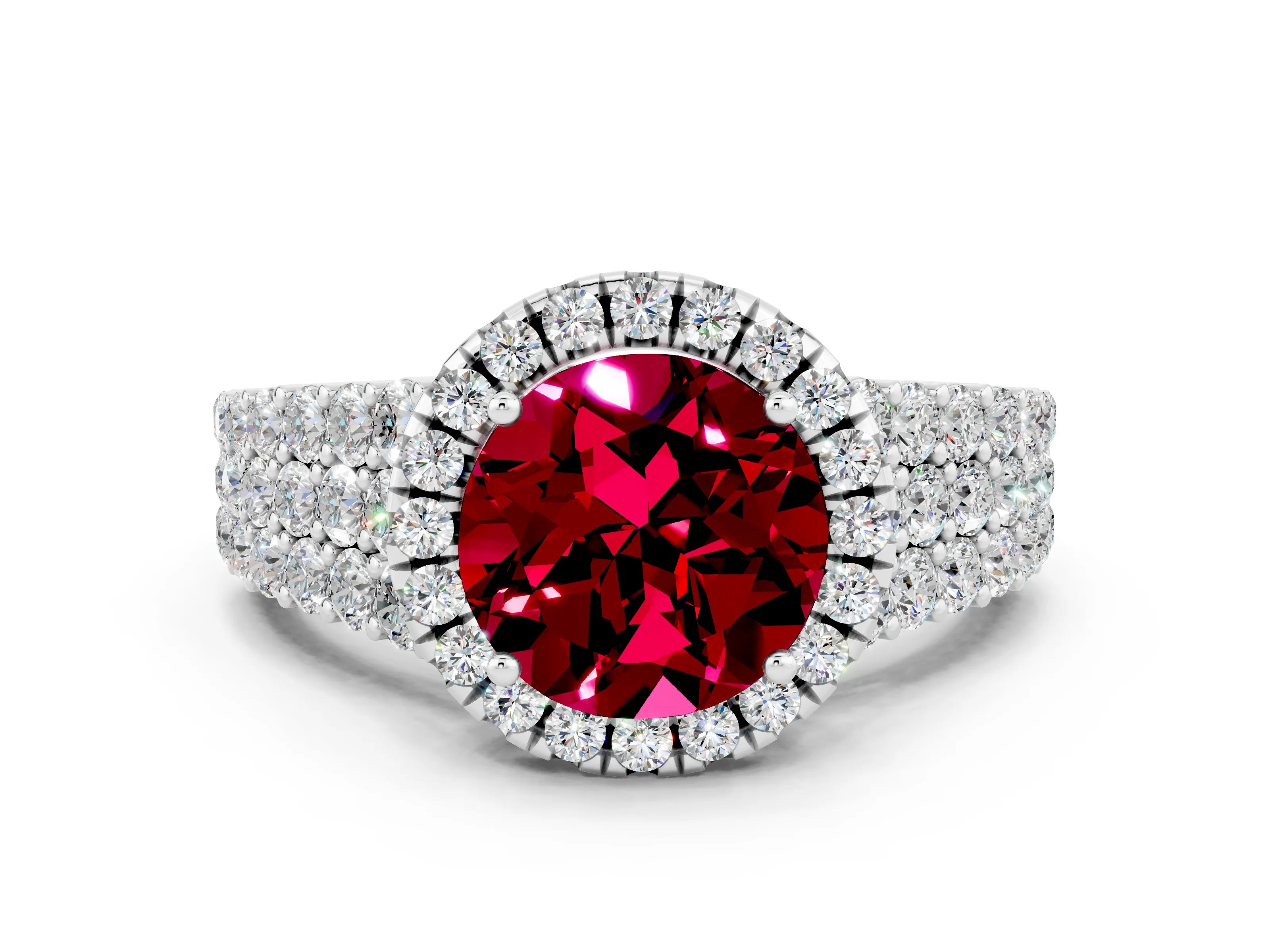White gold Round Cut Halo Pavé Diamond Engagement Ring with Split Shank and Four-Prong Setting