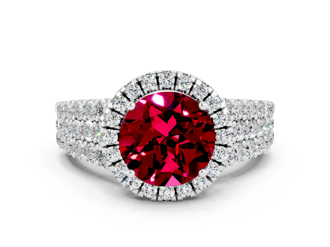 White gold Round Cut Halo Pavé Diamond Engagement Ring with Split Shank and Four-Prong Setting