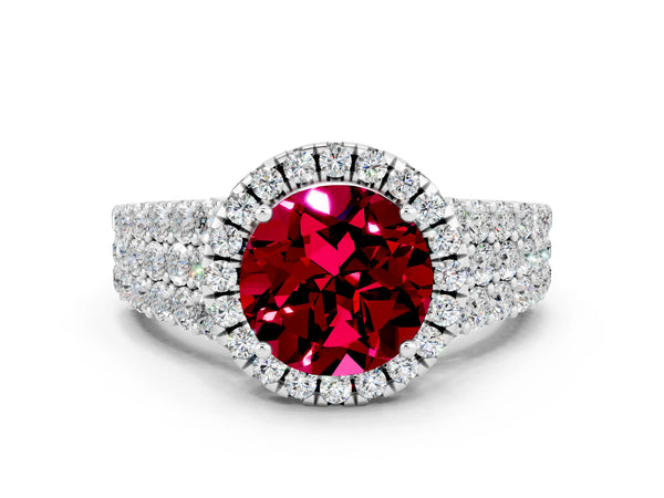 White gold Round Cut Garnet Halo Engagement Ring with Triple Row Round Pavé Band and Prong Setting